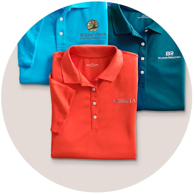 An assortment of embroidered active polo shirts.